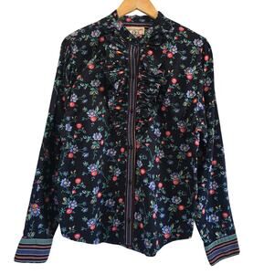 Vintage Bis by Gene Ewing Floral Printed Ruffle Blouse Black Size M Whimsigoth